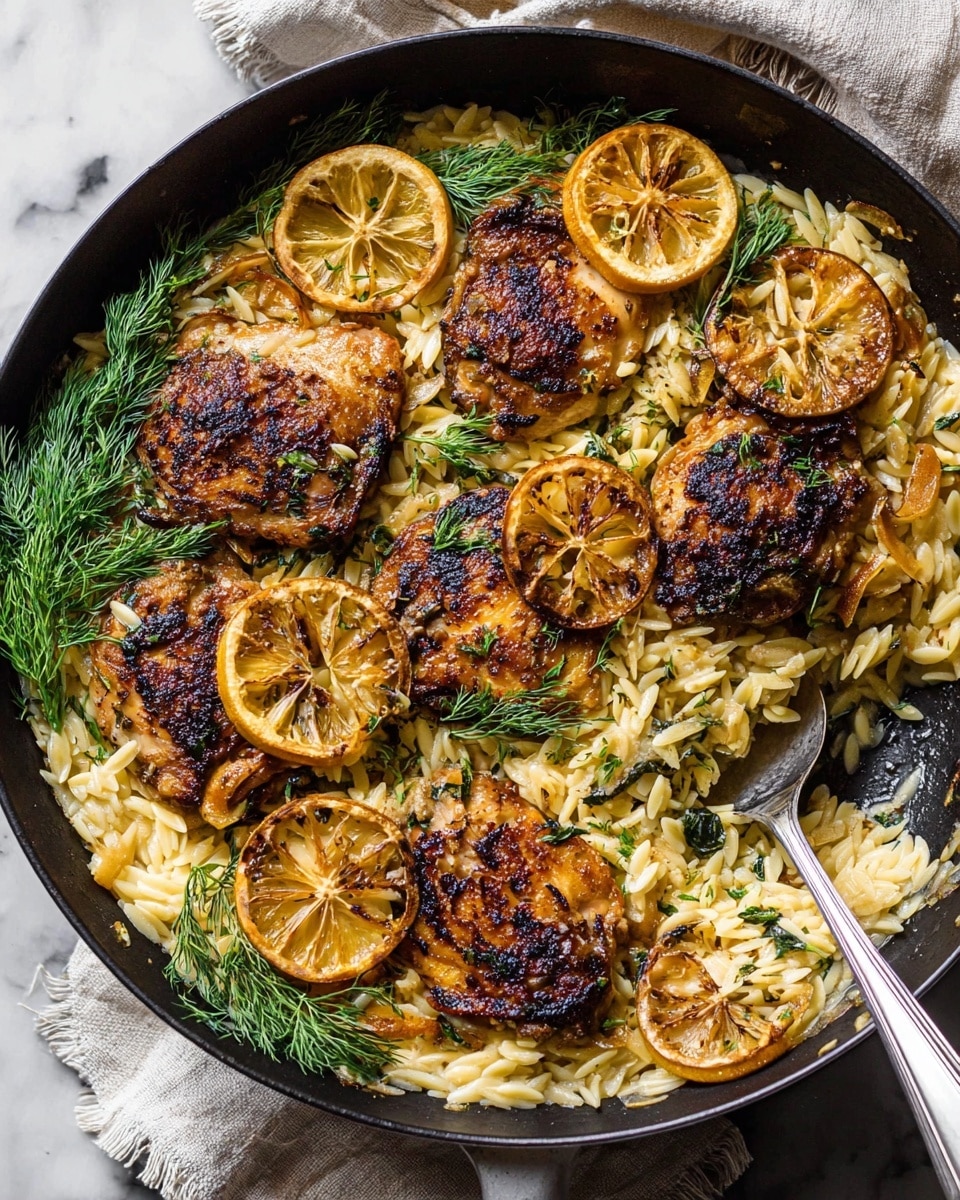 A black skillet filled with a base layer of light golden orzo pasta, cooked and spread evenly across the pan. On top, there are multiple pieces of browned, seared chicken thighs with a crispy, dark golden crust. Scattered over and around the chicken are thinly sliced, caramelized lemon rounds with a slightly charred texture. Fresh green dill sprigs are placed above the chicken and orzo, adding a fresh, leafy touch. A silver spoon is resting inside the skillet, partially dipped in the orzo near the right edge. The skillet sits on a white marbled surface with a linen cloth visible at the bottom edge. Photo taken with an iphone --ar 4:5 --v 7