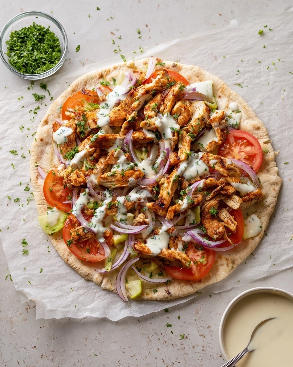 A flat, round pita bread serves as the base layer, its light beige color slightly toasted with soft texture. On top, there are several slices of fresh, red tomato arranged evenly around the center. Over the tomatoes, thin strips of cooked chicken with a golden-brown, slightly charred look are spread generously. Mixed among the chicken are thin slices of purple onion and light green pepper, adding a crisp texture. The whole dish is sprinkled with chopped green herbs giving a fresh touch. Light white sauce is drizzled over the top, adding creaminess and contrast. The pita rests on a white marbled surface, with a small clear bowl of green herbs and a white bowl with a spoon and light beige sauce nearby. photo taken with an iphone --ar 4:5 --v 7
