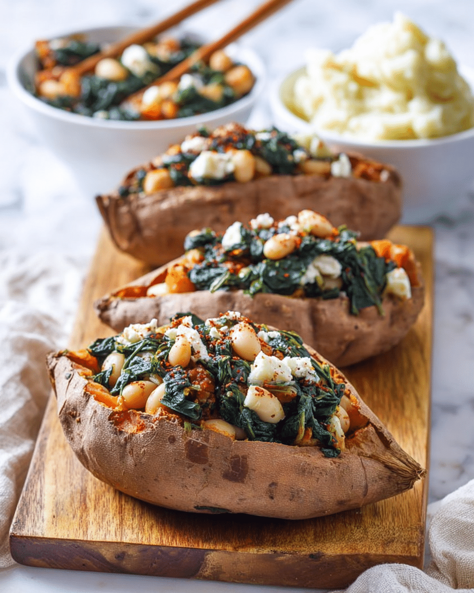 Three baked sweet potatoes are split open and filled with a mixture of dark green sautéed spinach, white beans, and small chunks of white cheese sprinkled with red seasoning on a wooden cutting board. In the background, there is a woman’s hand holding chopsticks above a white bowl filled with the same bean and spinach mix and a white bowl with mashed white potatoes on a white marbled surface. The sweet potatoes have a rough, light brown skin and are placed close together with the filling piled high, showing texture and a mix of colors from the stuffing. Photo taken with an iphone --ar 4:5 --v 7