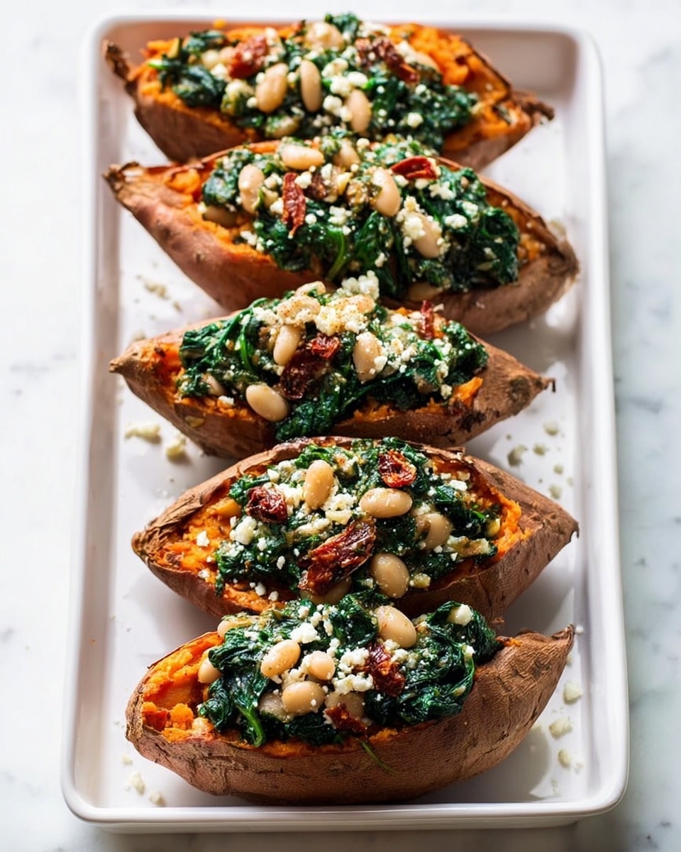 Four baked sweet potatoes with a rough orange-brown skin are cut open and filled with a mixture of dark green cooked spinach, white beans, small pieces of reddish-brown sun-dried tomatoes, and scattered white cheese crumbs on top. They are arranged in a row on a white rectangular tray with shallow edges. The tray sits on a white marbled surface. The lighting highlights the textures of the soft potato skin and vibrant filling. Photo taken with an iphone --ar 4:5 --v 7