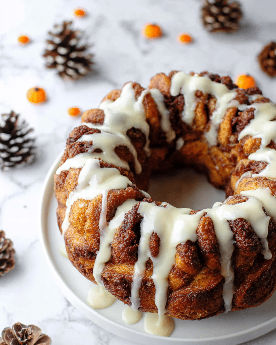 The image shows a round, twisted cinnamon pull-apart cake with a golden-brown baked crust, placed on a white plate. The cake has several twisted layers that reveal darker cinnamon filling inside, giving a rich textured look. Thick, white icing is dripped unevenly over the top, some pooling in the cake's crevices, adding a creamy contrast to the warm brown surface. The background is a white marbled texture scattered with small pine cones and tiny orange pumpkin-shaped candies, creating a cozy autumn feel. photo taken with an iphone --ar 4:5 --v 7