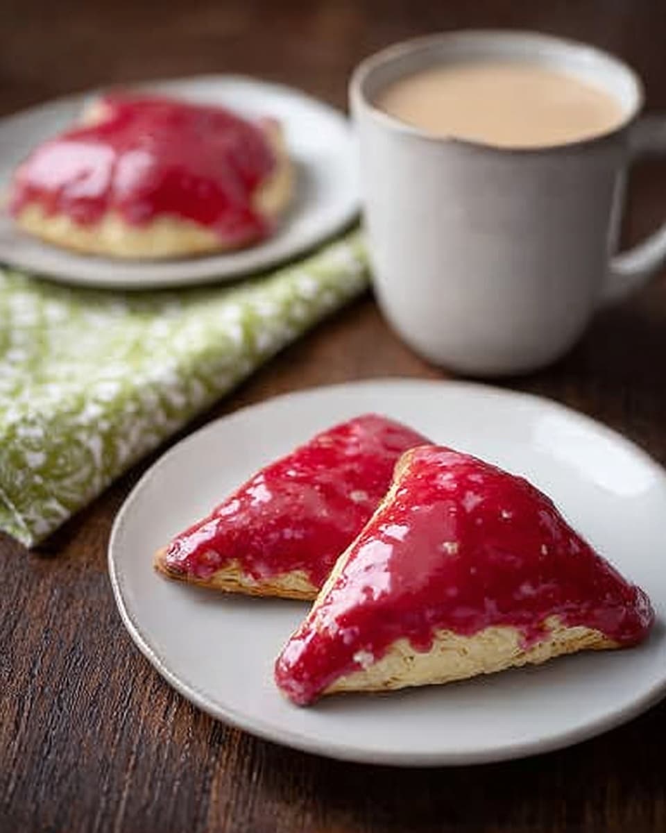 The image shows a close-up of two halves of a round cake on a stack of two white plates, set on a white marbled surface. The cake has two layers: the inner part is light yellow with a soft and fluffy texture, while the outer layer is coated with thick, glossy pink icing that has some drips and smears on the plate. In the background, there is a blurred stack of similar pink-iced cakes and a green and white zigzag cloth partially visible. Photo taken with an iphone --ar 4:5 --v 7