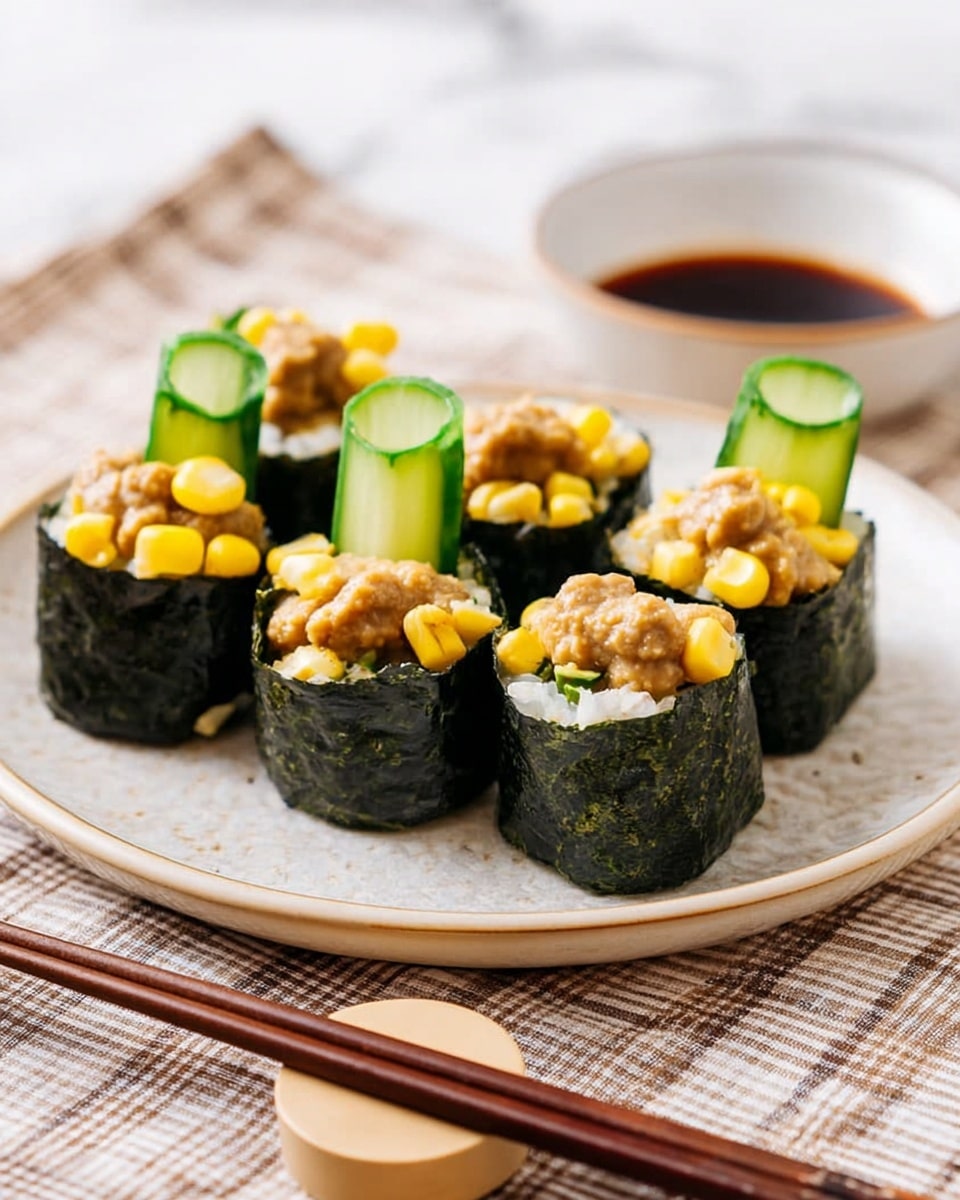 There are six sushi pieces arranged on a white plate with a subtle textured pattern, placed on a checkered cloth over a white marbled surface. Each sushi has a dark green seaweed wrap forming an outer cylindrical layer. Three sushi pieces contain light brown natto topped with a slightly creamy texture. The other three pieces are topped with bright yellow corn kernels and two to three thin, oval cucumber slices, light green with darker green skin positioned standing up vertically on each sushi. To the right side of the plate, there is a small white bowl with a brown rim filled with dark soy sauce, and nearby are dark brown chopsticks resting on a round beige chopstick holder. Photo taken with an iphone --ar 4:5 --v 7