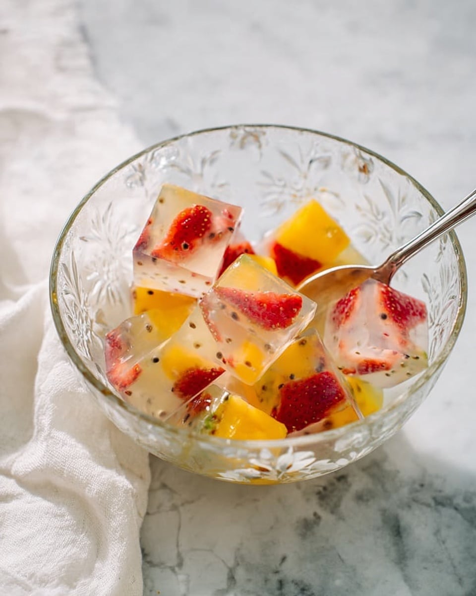 A clear glass bowl with a floral pattern holds several square pieces of jelly that are transparent with embedded colorful fruit chunks inside. The fruit pieces are red strawberries, yellow mango, and small black seeds, scattered evenly within each jelly cube. A small silver spoon rests on the edge of the bowl, and the bowl sits on a white marbled surface with a soft white cloth in the background. photo taken with an iphone --ar 4:5 --v 7