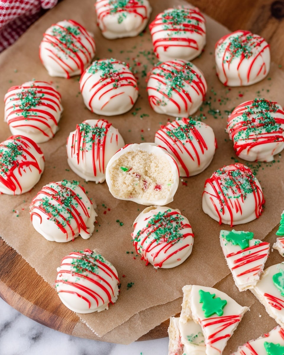 The image shows round white chocolate-covered balls arranged on brown parchment paper over a wooden board with a white marbled texture below. Each ball has smooth white coating with red icing zigzag lines on top and small green sugar sprinkles scattered all over. In the center, one ball is cut in half, revealing a light beige interior with colorful tiny bits inside. On the right side, pieces of white chocolate bark are decorated with red icing stripes and green sprinkles in a Christmas tree shape. The overall look is festive and bright. photo taken with an iphone --ar 4:5 --v 7