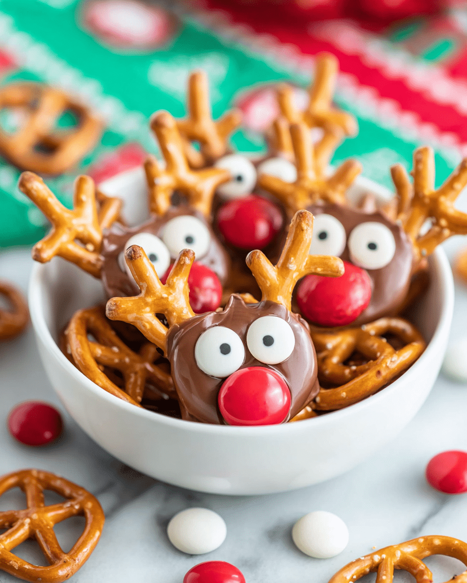 A white bowl filled with reindeer-shaped snacks made from golden brown pretzels forming antlers, held together by a base of dark brown melted chocolate that creates the round face. Each face has two small white candies with black dots for eyes and a single large red candy as the nose placed in the center. The bowl sits on a white marbled surface with some loose red and white small candies around it, and a festive patterned cloth is blurred in the background. The scene is bright and cheerful, focusing closely on the detailed layering of the reindeer faces. photo taken with an iphone --ar 4:5 --v 7