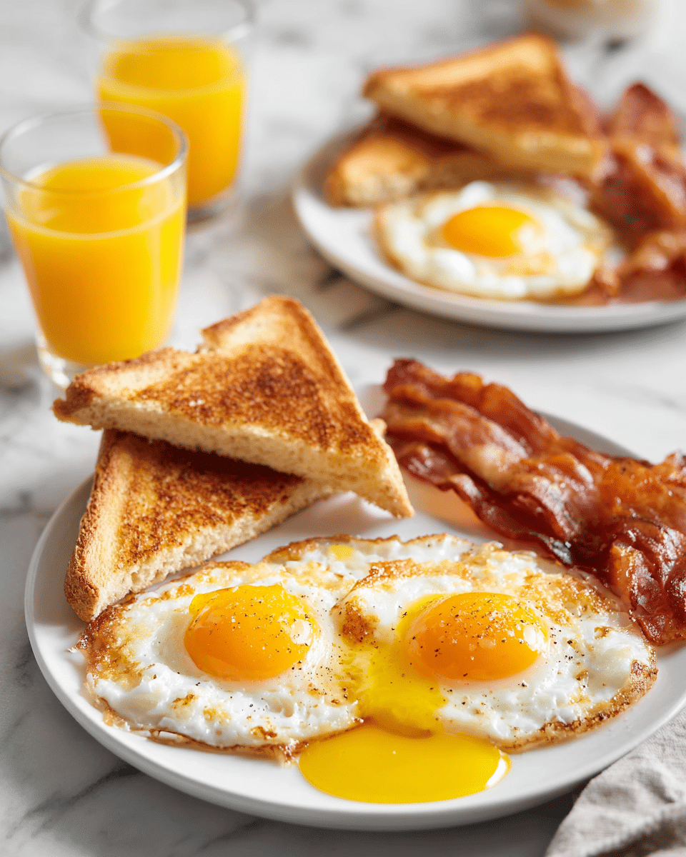 A white plate holds two cloud eggs with crispy, fluffy white edges and bright yellow runny yolks visible, one yolk spilling onto the plate; behind the eggs are two triangular slices of golden brown toast stacked leaning against each other, and next to them are two thick, crispy strips of cooked bacon with a slightly curled texture. In the background, there is another white plate with similar food, and two glasses filled with orange juice sit nearby on a white marbled surface. photo taken with an iphone --ar 4:5 --v 7