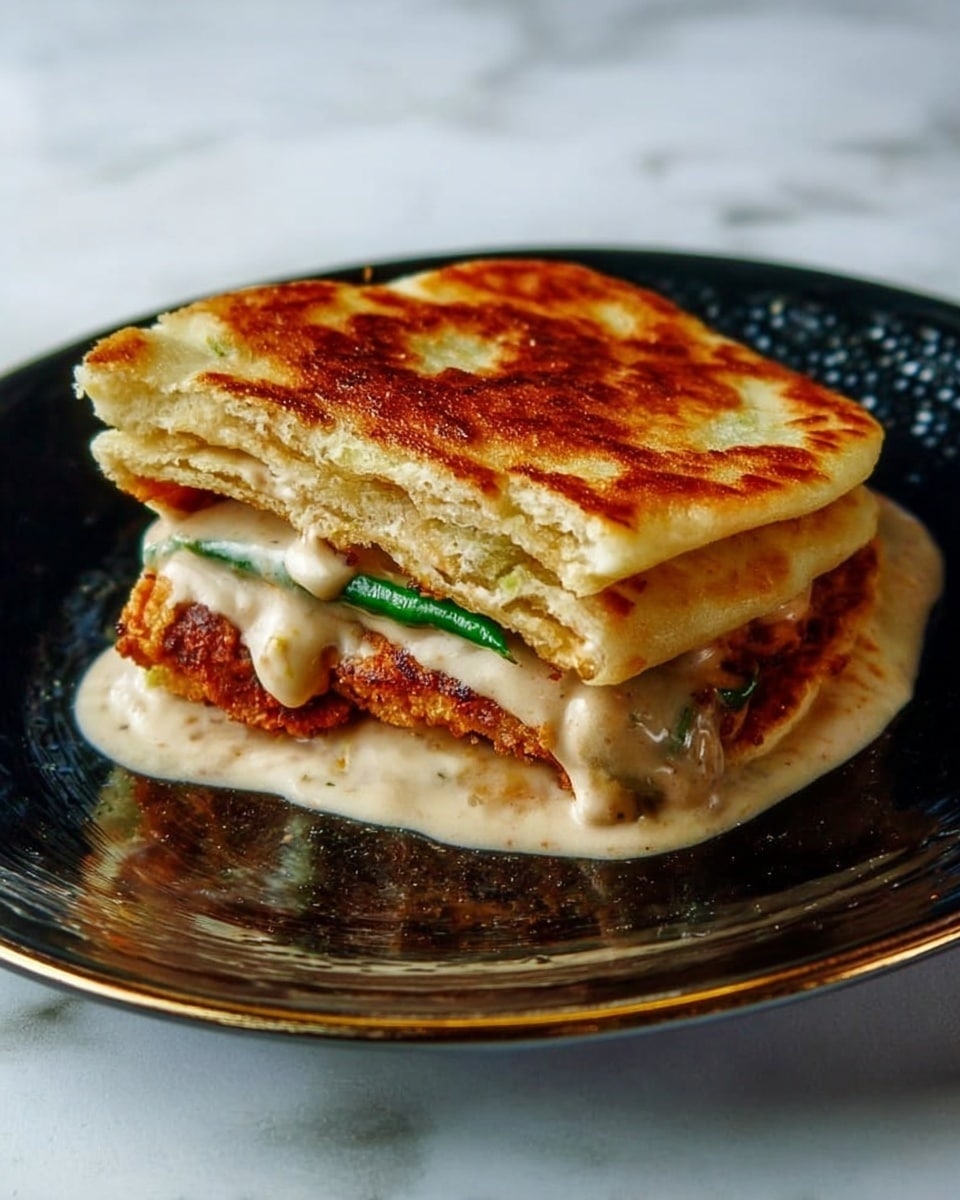 A sandwich made with two layers of golden-brown, flaky flatbread showing its soft, layered texture. Inside, there is a thick layer of creamy light orange sauce mixed with a piece of crispy brown breaded chicken, and a chunk of fresh green cucumber peeking out. The sandwich sits on a shiny white plate on a white marbled surface, with a dark purple cloth under the plate in the background. photo taken with an iphone --ar 4:5 --v 7