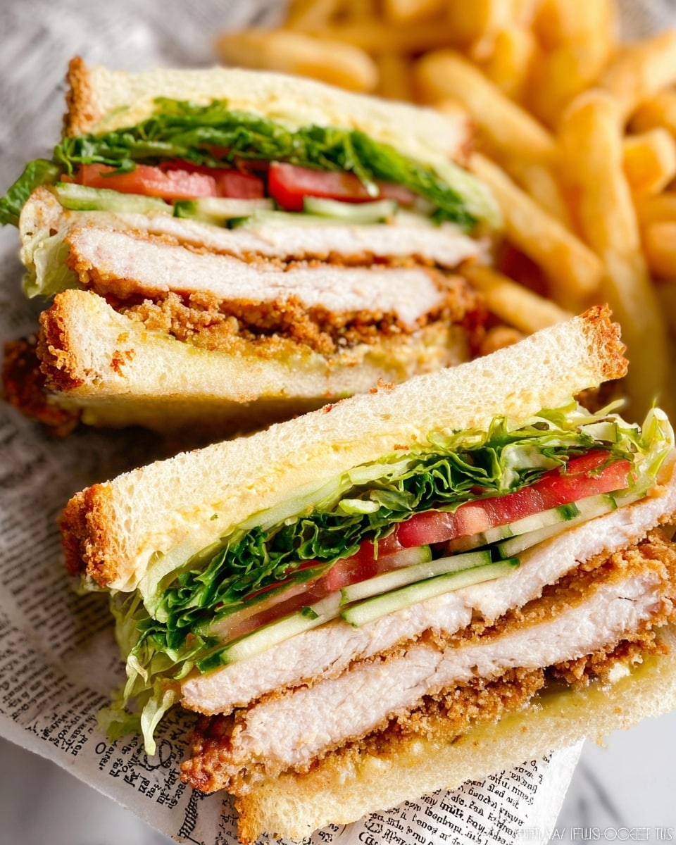 A close-up view of a sandwich cut in half, showing two thick layers of crispy fried chicken with golden-brown crusts in the middle. Above and below the chicken, there are fresh green lettuce leaves followed by bright red tomato slices and thin cucumber slices adding color and texture. The sandwich is held between soft, light yellow toasted white bread. In the background, golden crispy French fries are visible. The sandwich and fries sit on white marbled surface lined with paper printed like a newspaper. photo taken with an iphone --ar 4:5 --v 7