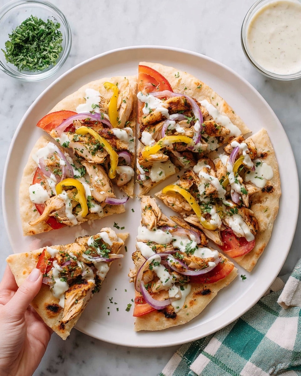 A white plate holds four triangular flatbread slices topped with several layers. The base is a light beige flatbread with a soft texture. On top, there are red tomato slices arranged evenly, followed by golden-brown grilled chicken pieces scattered across each slice. Thin slices of purple onion and yellow pepper rings add color and texture above the chicken. The flatbread is drizzled with a creamy white sauce and sprinkled with finely chopped green herbs. One slice is held by a woman's hand at the edge of the plate. The plate sits on a white marbled texture surface with a small glass bowl of chopped herbs and a bowl of white sauce nearby. A green and white checkered cloth is partially visible below the plate. Photo taken with an iphone --ar 4:5 --v 7