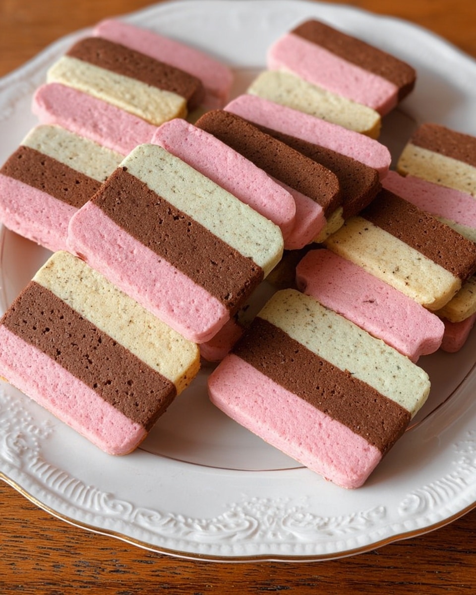 The image shows a white rectangular plate filled with many stacked rectangular cookies, each made of three distinct layers. The bottom and top layers are a soft pink with a slightly crumbly texture, the middle layer is off-white with small visible specks, and between the pink and off-white layers is a dark brown layer with a smooth, dense texture. The cookies are neatly arranged in rows on the plate, placed on a white marbled surface. photo taken with an iphone --ar 4:5 --v 7
