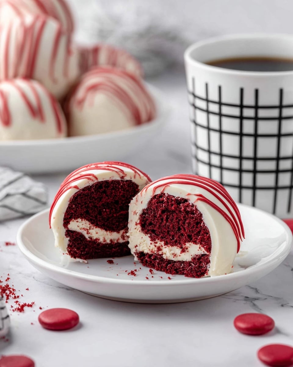 The image shows a dessert sliced in half on a white plate that sits on another white plate. The dessert has two main layers: a thick, dark red, crumbly inner cake layer and a smooth, white outer coating that looks creamy. The white coating is topped with thin red drizzles that add color contrast. Around the plate, there are red circular candy pieces scattered on a white marbled surface. In the background, there is a white cup with a black grid pattern filled with black coffee, and more whole desserts with the same white coating and red drizzle can be seen blurred out. photo taken with an iphone --ar 4:5 --v 7