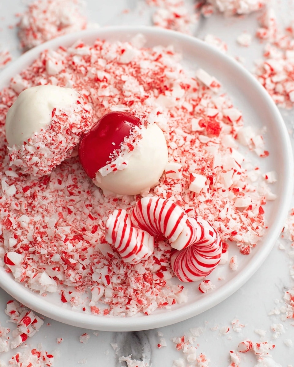 A white plate filled with crushed red and white peppermint candy pieces seen from above. In the center is a red cherry dipped halfway in white chocolate, with the white chocolate part covered in more crushed peppermint. To the side of the cherry, there are three whole red and white swirl peppermint candies resting on the crushed peppermint. The surface beneath the plate has a white marbled texture. Photo taken with an iphone --ar 4:5 --v 7