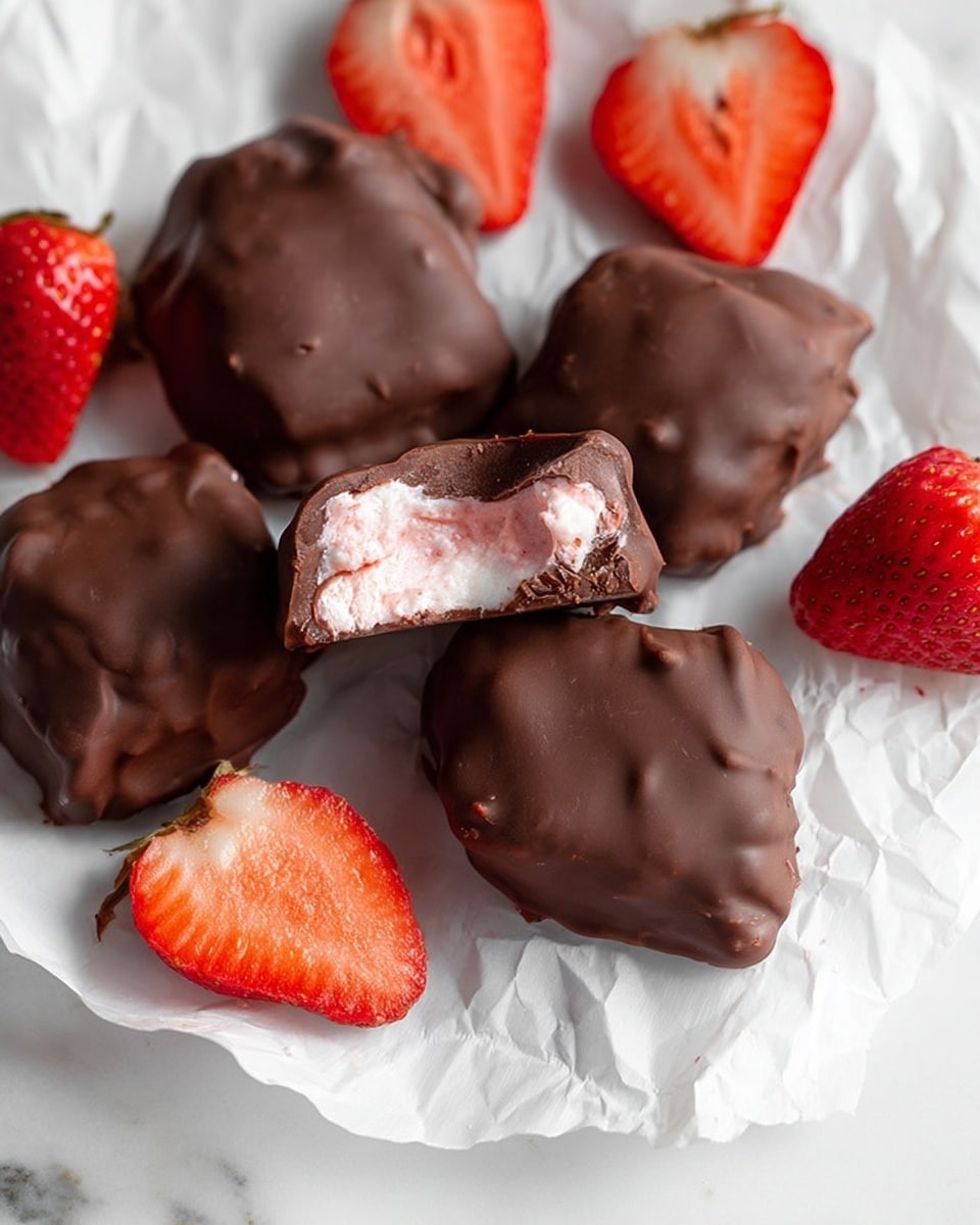 The image shows five chocolate-covered treats on a piece of crumpled white paper, placed on a white marbled surface. Each treat has a rough, uneven texture with a dark brown chocolate coating. One treat is broken open, revealing a soft pink layer inside with some white, likely strawberry and cream filling. Fresh red strawberries, both whole and sliced, are scattered around the treats, adding bright red and green colors that contrast with the deep brown chocolate. Photo taken with an iphone --ar 4:5 --v 7