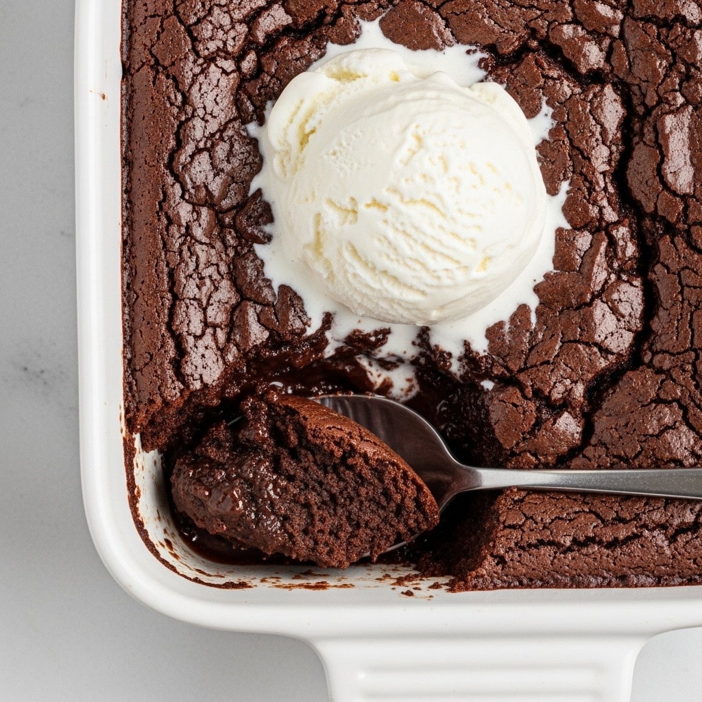 A white baking dish filled with rich, dark chocolate molten brownie that looks moist and gooey, with a thick, shiny texture on top showing cracks and a crispy crust. A silver spoon scoops a portion from the center, exposing the dense, fudgy inner layer with a deep chocolate color. On top, a smooth, round scoop of creamy vanilla ice cream sits, slightly melting and showing soft white tones. The dish rests on a white marbled textured surface. photo taken with an iphone --ar 4:5 --v 7