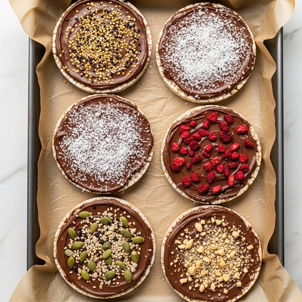 The image shows five round rice cakes with two layers each, all topped with a smooth, dark chocolate spread. Each rice cake has different toppings: one has small golden and black sesame seeds sprinkled evenly, another is topped with shredded white coconut, the third is covered in small dried red fruit pieces, the fourth has mixed seeds including pumpkin and sesame seeds, and the last one has crushed nuts sprinkled on top. The rice cakes sit on crinkled brown parchment paper inside a baking tray, placed on a white marbled surface. Photo taken with an iphone --ar 4:5 --v 7