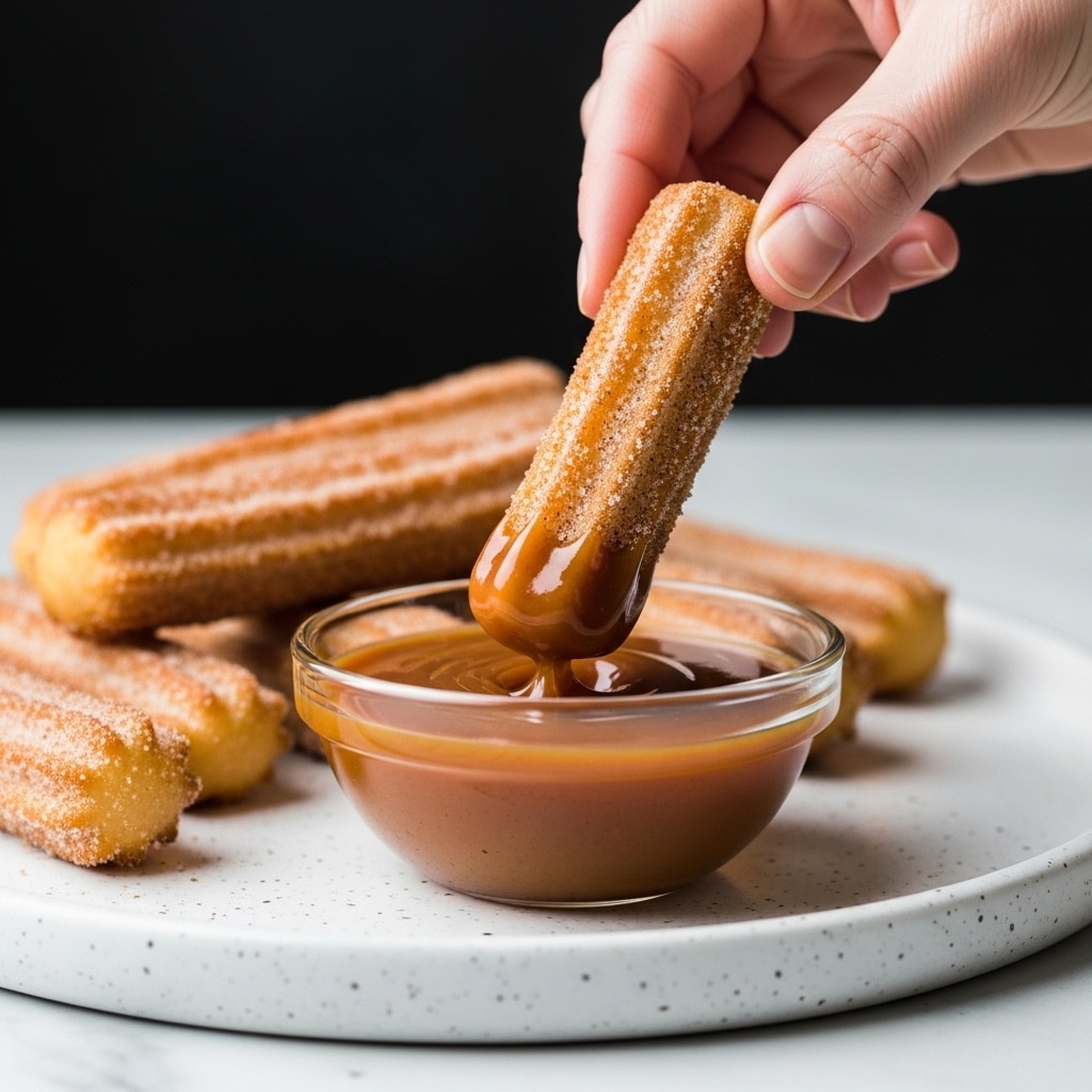 A close-up image shows a woman's hand holding a golden brown churro coated lightly with sugar and cinnamon, dipping its end into a small clear glass bowl filled with thick, glossy caramel sauce. The churro is elongated with a slightly rough texture from the sugar coating. The bowl is placed on a round white speckled plate which holds more churros in the background, also coated with sugar and cinnamon. The scene is set against a white marbled surface and a blurred dark background that contrasts with the warm tones of the churros and caramel. Photo taken with an iphone --ar 4:5 --v 7