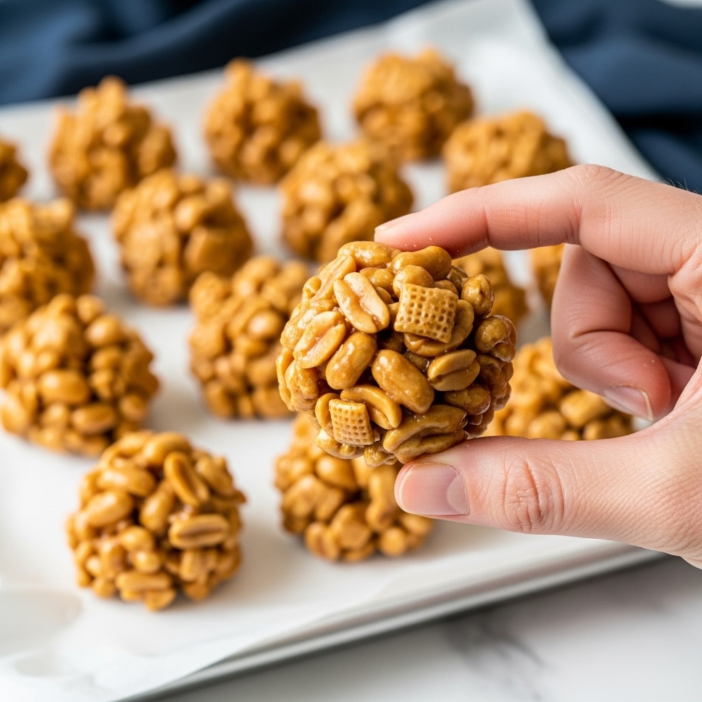 A woman’s hand is holding a round, golden brown cluster made of puffed cereal pieces mixed with peanuts, held together by a sticky caramel-like coating, making the texture shiny and slightly glossy. In the background, there are many similar clusters arranged on a white tray with parchment, all with the same golden color and glossy texture. The scene is set on a white marbled surface with a dark blue cloth blur in the background. photo taken with an iphone --ar 4:5 --v 7