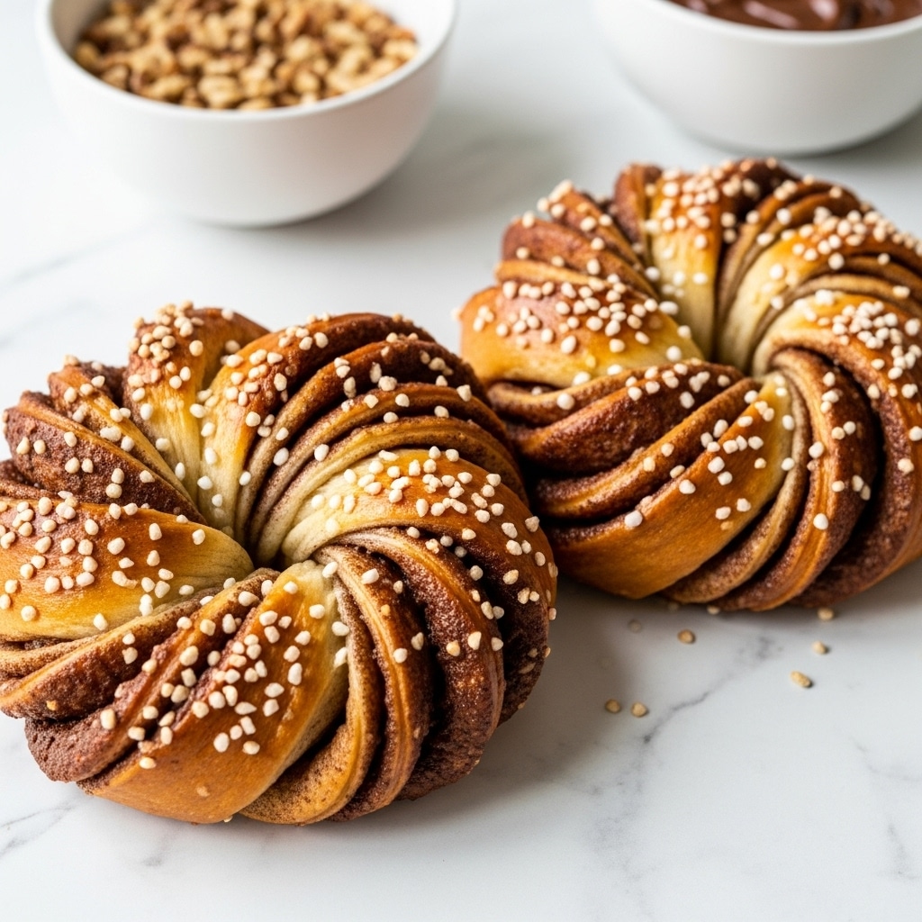 Two twisted cinnamon buns sit closely together on a white marbled surface. Each bun has multiple intertwined layers of golden-brown dough with a slightly crispy texture, showing dark brown cinnamon swirls running through the twists. The tops are sprinkled with coarse sugar crystals that shimmer in the light. In the background, there is a white bowl filled with chopped nuts and a white bowl with brown sauce, both on the white marbled surface. Photo taken with an iphone --ar 4:5 --v 7