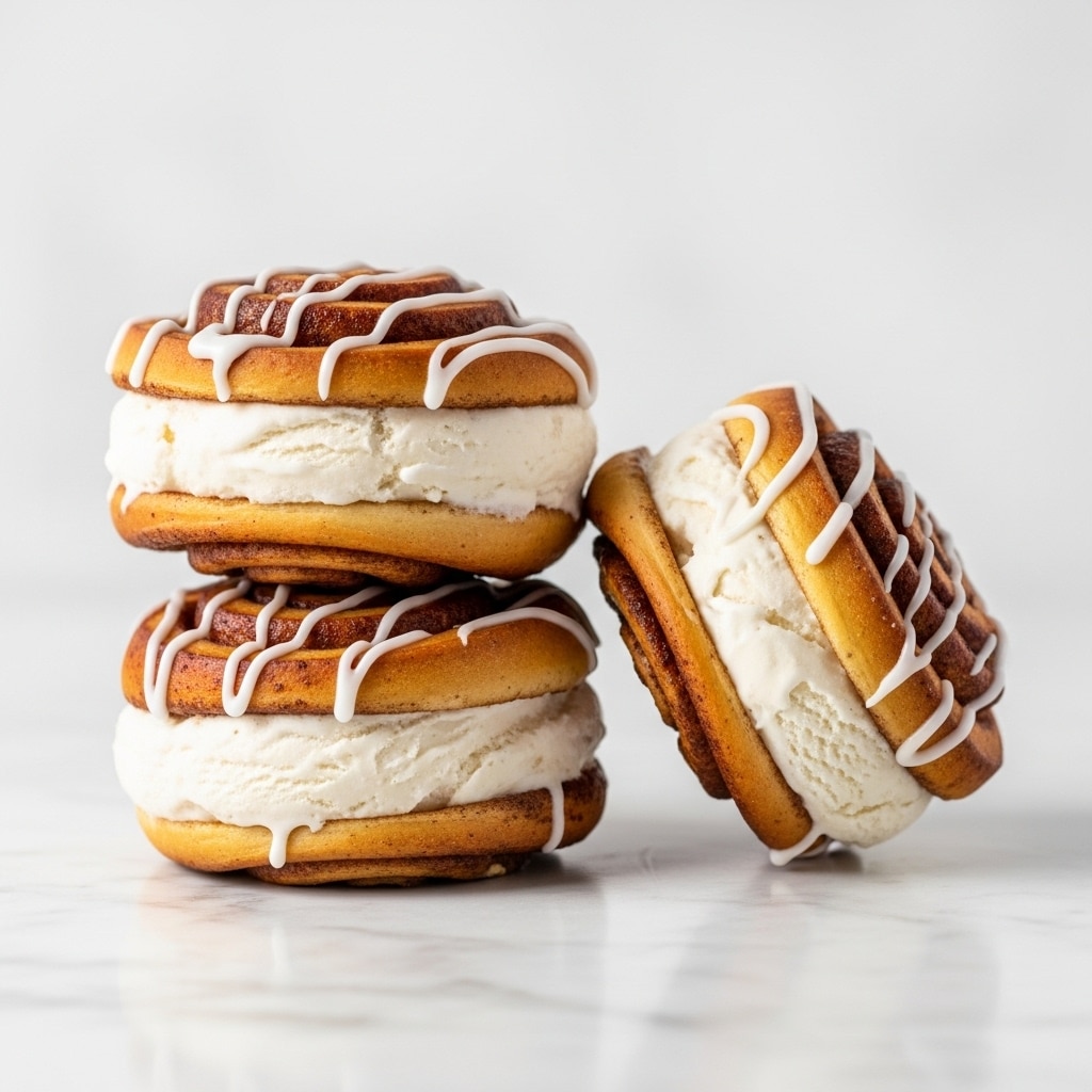 The image shows three cinnamon roll ice cream sandwiches stacked on a white marbled surface. Each sandwich has two golden-brown, swirled cinnamon roll layers with a soft, slightly toasted texture, topped with a light drizzle of white icing. Between the cinnamon rolls is a thick, smooth layer of vanilla ice cream that slightly melts at the edges. The sandwich on the left is balanced on top of the sandwich lying flat, while the sandwich on the right leans against the stack, creating a casual and inviting arrangement. Photo taken with an iphone --ar 4:5 --v 7