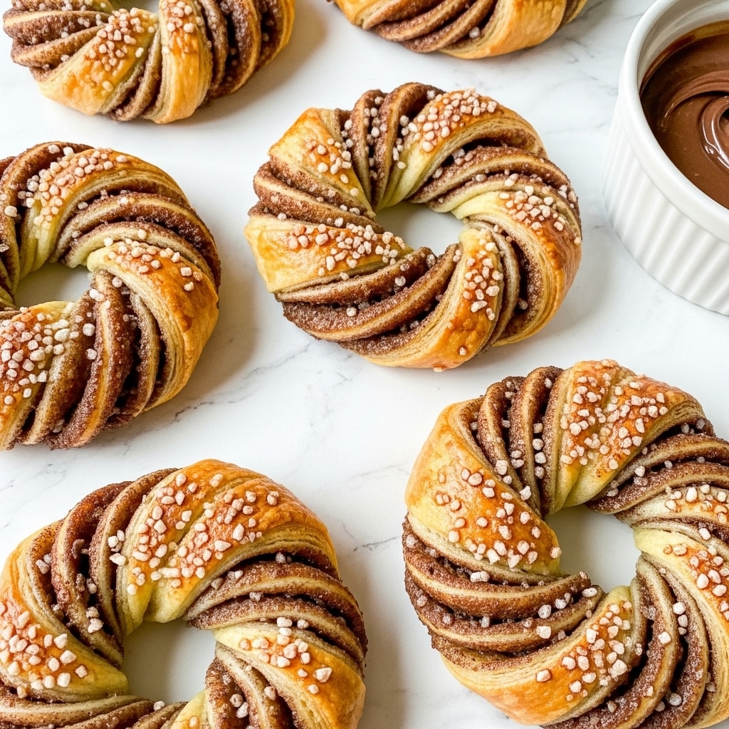 The image shows twisted pastries with two visible layers: the outer layer is a light golden brown flaky dough, and the inner layer is a dark brown cinnamon sugar filling with a slightly glossy texture. Each pastry is braided into a twisted round shape with sugar crystals sprinkled on top for a shiny, crunchy finish. The pastries are placed on a white marbled surface with a light texture, and a round white bowl with a brown sauce or spread is visible on the right side in the background. Photo taken with an iphone --ar 4:5 --v 7