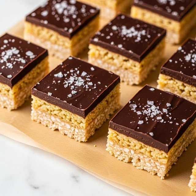 The image shows multiple square pieces of a two-layered dessert arranged on a piece of brown parchment paper placed on a white marbled surface. Each piece has a thick bottom layer of light golden, crispy rice cereal with a soft, chewy texture, while the top layer is a smooth, glossy dark chocolate coating with a few flakes of sea salt sprinkled on it. The pieces are cut neatly with clean edges, showing a clear division between the golden bottom and dark brown top layer. photo taken with an iphone --ar 4:5 --v 7