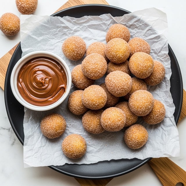 A round black plate holds a pile of small, round dough balls coated in a light dusting of sugar and cinnamon, placed on a white crumpled paper sheet, with a few dough balls scattered around the plate. On the left side of the plate, there is a small white bowl filled with smooth, reddish-brown dipping sauce. The plate rests on a white marbled surface with a wooden board partially visible beneath it. The light highlights the soft texture of the dough balls and the rough sugar coating, making the colors warm and inviting. Photo taken with an iphone --ar 4:5 --v 7