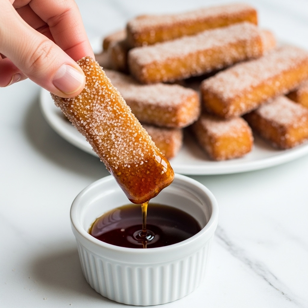 A close-up view shows a woman's hand holding a golden brown, rectangular fried snack covered with sugar, being dipped into a small white ramekin filled with dark syrup. The snack has a crunchy texture with visible sugary granules and syrup drips from its tip back into the ramekin. In the background, there is a white plate filled with several more of the same sugar-coated fried snacks, all sitting on a white marbled surface. photo taken with an iphone --ar 4:5 --v 7