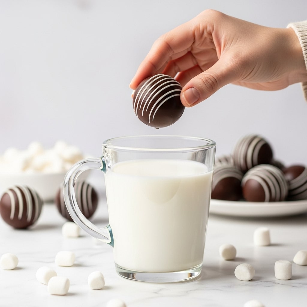 A clear glass mug filled nearly to the top with white milk sits on a white marbled surface. A woman's hand is holding a round dark chocolate ball with white diagonal stripes, poised just above the mug as if about to drop it in. Around the mug, there are a few small white marshmallows scattered on the surface, and blurred in the background are more striped chocolate balls on a white plate, all set against a soft, light background. photo taken with an iphone --ar 4:5 --v 7