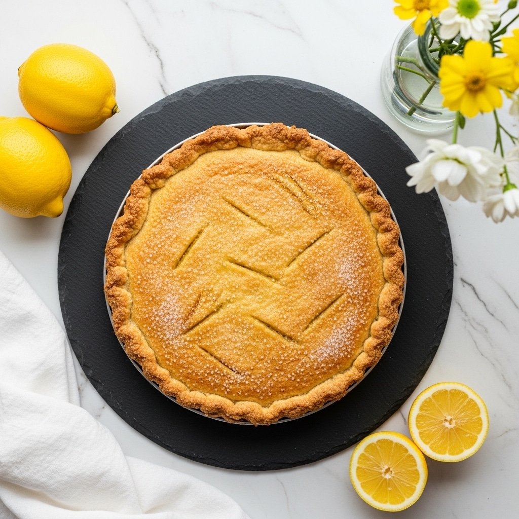 A single round pie with a golden-brown crust sits centered on a round black slate board, placed on a white marbled surface. The pie crust has a rough texture with visible sugar granules sprinkled on top and a subtle pattern of lightly scored lines across its surface. To the left, two whole bright yellow lemons rest on the surface, while to the right near the bottom, a half lemon with its inner juicy flesh showing is visible. In the top right corner, a clear glass vase with yellow and white flowers adds a fresh touch to the scene. A white cloth napkin is partially visible at the bottom left corner. Photo taken with an iphone --ar 4:5 --v 7