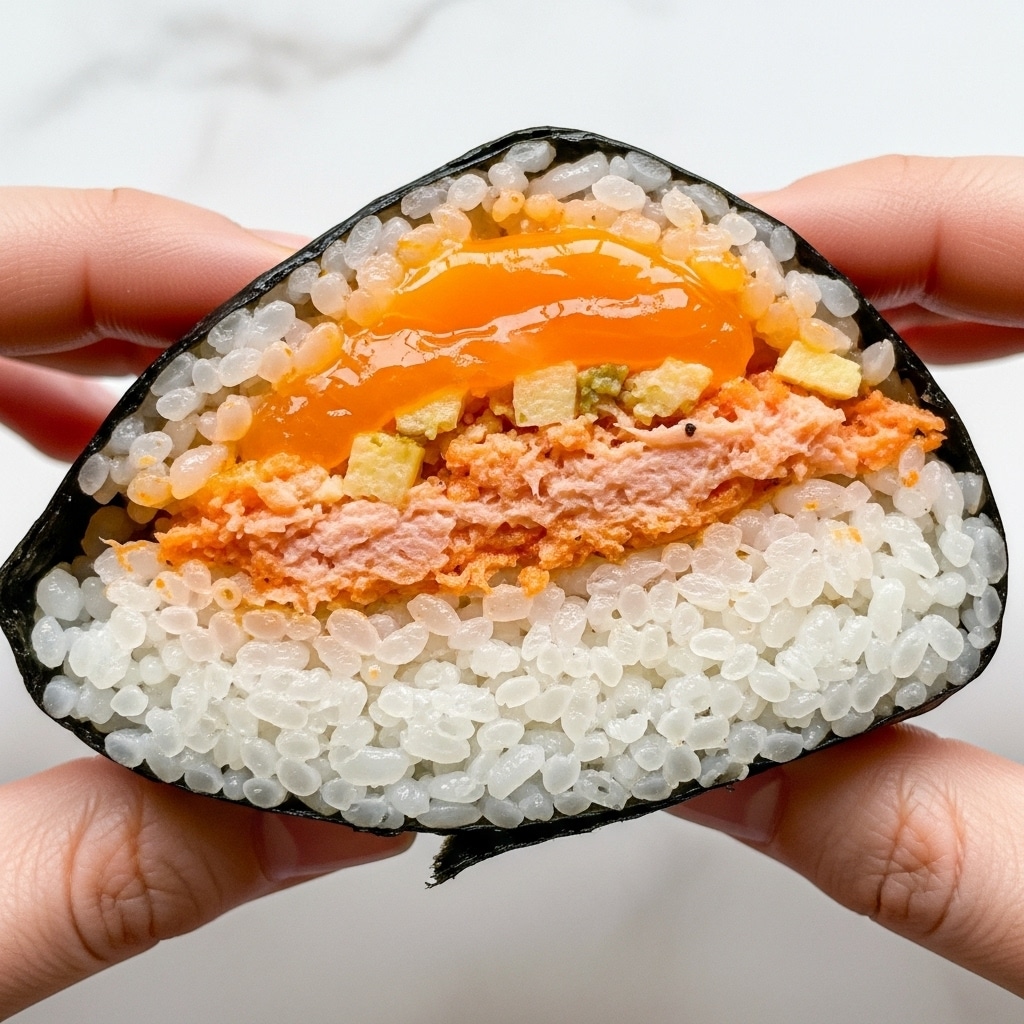 A close-up view of a sandwich-style sushi held between two fingers of a woman's hand on each side. The outermost layer is dark and glossy nori seaweed wrapped around the sandwich. Inside, at the bottom, is a thick layer of white sticky rice with a slightly glossy texture. Above the rice, there is a mix of shredded pinkish seafood and small bits of orange and pale ingredients, possibly spicy tuna or crab with seasoning. The top layer is bright orange with a shiny, gooey texture, suggesting a sauce or melted egg yolk. The entire sandwich has a somewhat triangular shape and is held against a plain white marbled background. Photo taken with an iphone --ar 4:5 --v 7