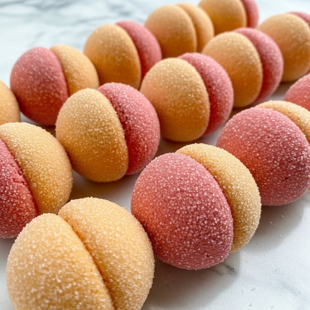 Rows of round, peach-shaped cookies are closely placed next to each other. Each cookie has two halves joined together, with the outer texture covered in a fine layer of sugar giving a frosted look. The colors blend softly from light orange to a reddish-pink, mimicking the look of real peaches. The cookies have a light dusting that adds a soft, powdery texture on their surface. The background is a white marbled texture, making the colors of the cookies stand out vividly. photo taken with an iphone --ar 4:5 --v 7