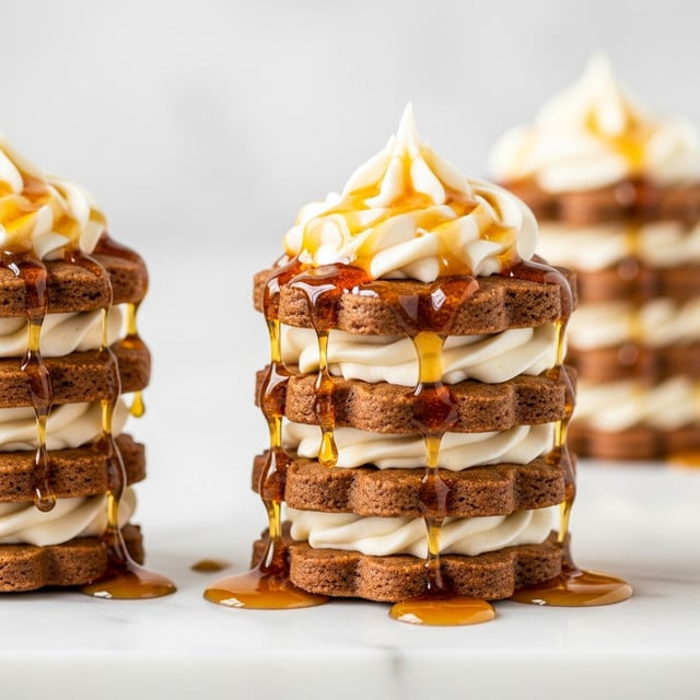 A close-up of two stacked dessert towers sits on a white marble surface. Each tower has five visible layers of light brown, slightly rough cookies shaped like spiked flowers. Between each cookie layer is a thick, creamy white filling that looks soft and piped in small ridges. Dripping down from each stack is rich amber-colored syrup, pooling on the white marble surface beneath. The top layer of each stack is capped with a swirl of the creamy white filling, also covered with syrup, giving a glossy shine and sticky texture. The background is softly blurred with a white gradient. photo taken with an iphone --ar 4:5 --v 7