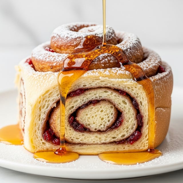A close-up of a cinnamon roll with thick layers of soft dough spiraled around each other, showing light golden brown and creamy white colors. There are visible bits of red fruit or jam spread inside the layers. Powdered sugar is lightly dusted on top, adding a white powdery texture. Golden amber syrup is being poured over the cinnamon roll, dripping down its sides and pooling on the white plate underneath. The whole scene is set against a white marbled background. photo taken with an iphone --ar 4:5 --v 7