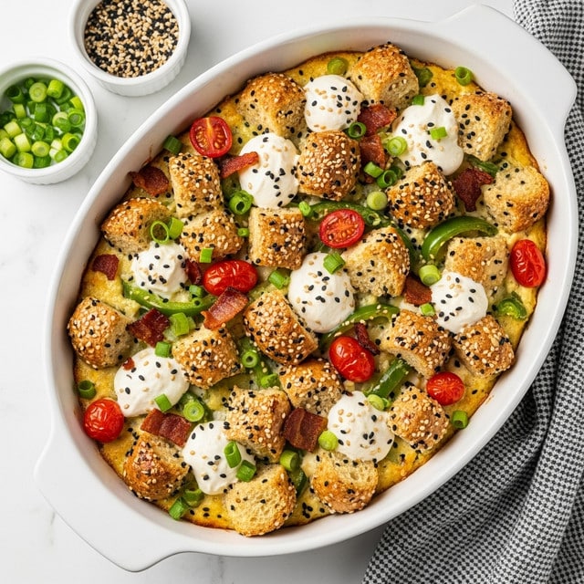 A white oval baking dish filled with a layered casserole, featuring golden-brown bread chunks on the top with a slightly crispy texture sprinkled with black and white seeds. These bread pieces are mixed with dollops of melted white cheese, patches of green bell pepper, red cherry tomato pieces, chopped green onions, and bits of crispy bacon scattered evenly across the top. The base layer appears creamy with a light golden tint, holding all ingredients together. The dish sits on a white marbled surface with two small white bowls nearby, one holding chopped green onions and the other a mix of black and white seeds. A textured gray and white cloth is partially visible at the bottom right corner. Photo taken with an iphone --ar 4:5 --v 7