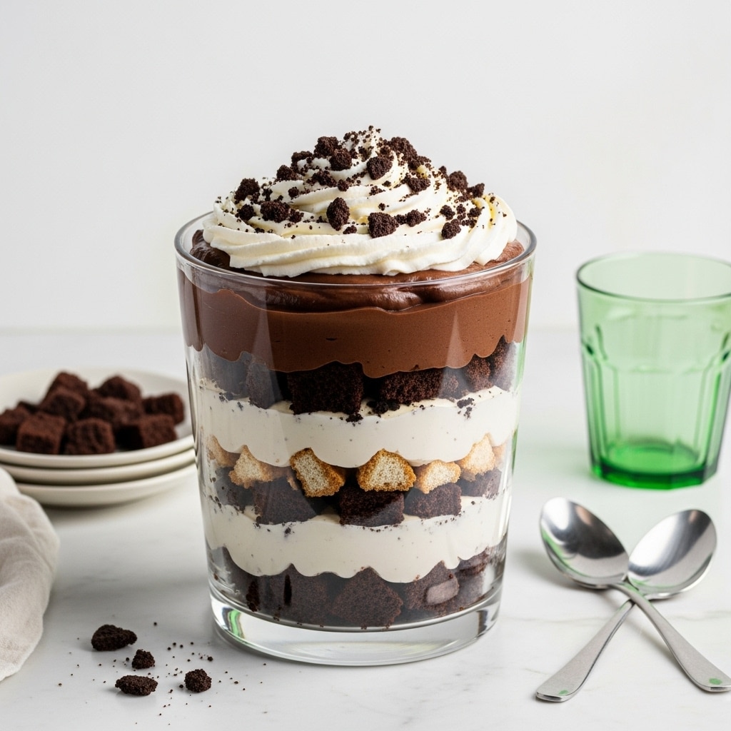 A tall clear glass bowl filled with six visible layers starting from the bottom with dark brown chocolate cake pieces, followed by a thick layer of smooth dark chocolate pudding, then a white creamy layer with chunks of crushed cookies, another layer of dark brown chocolate cake pieces, a thinner layer of white cream, and topped with whipped cream swirled on top with crumbled dark cookie bits sprinkled over it. The dessert is set on a white marbled surface with two shiny silver spoons and a green glass cup nearby. photo taken with an iphone --ar 4:5 --v 7