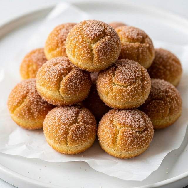 A pile of small, round dough balls with a golden-brown baked crust are stacked closely on white parchment paper placed on a white plate, each piece sprinkled generously with a light coating of granulated sugar and cinnamon, showing slight texture with some lumps and cracks on their surfaces. Photo taken with an iphone --ar 4:5 --v 7