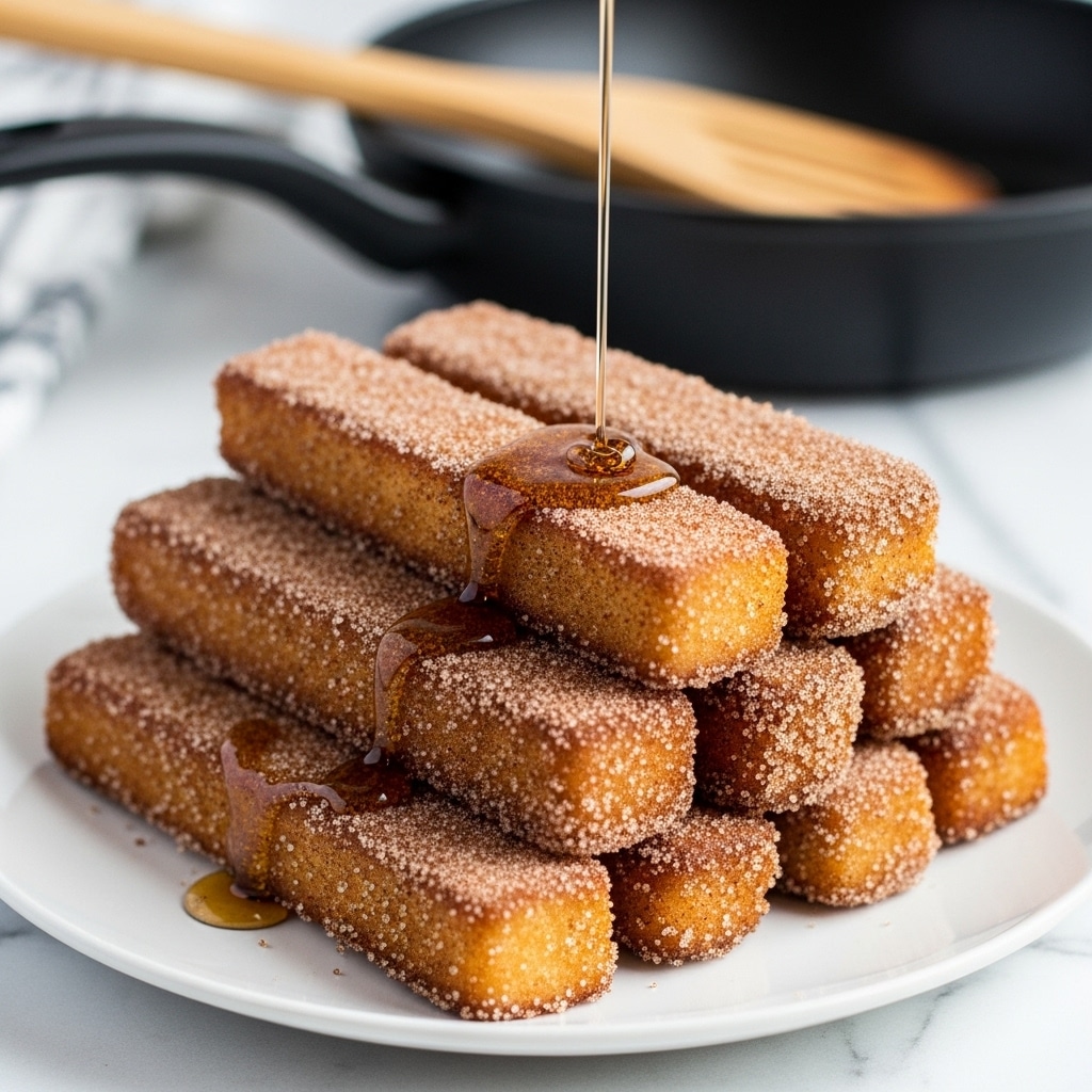 A stack of seven thick, golden brown sticks coated with cinnamon sugar is placed on a white plate, arranged in a neat pyramid. The cinnamon sugar coating gives the sticks a slightly rough texture, with some darker and lighter spots. A thin stream of syrup is being poured from above, landing on the top stick and starting to drip down the sides. In the slightly blurred background, a black skillet and a wooden spatula rest on a white marbled surface. The image captures the warm, sweet, and crispy look of the dish. photo taken with an iphone --ar 4:5 --v 7