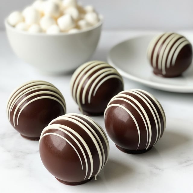 The image shows four dark brown chocolate balls with smooth surfaces, each decorated with five to six thick white stripes of white chocolate evenly spaced and running vertically across the balls. Three of the chocolate balls are placed directly on a white marbled surface, while one is on a white plate in the background. Behind the plate is a white bowl filled with small white marshmallows, slightly out of focus. The lighting is soft, creating a clean and bright look with no harsh shadows. Photo taken with an iphone --ar 4:5 --v 7