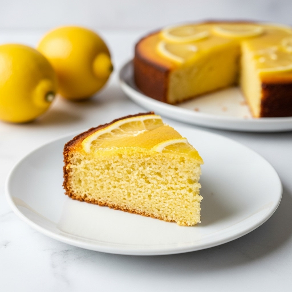 A single slice of lemon cake sits on a white plate with a soft, moist texture visible in the light yellow crumb. The cake has a thin, golden-brown crust on the top and edges that look slightly crispy. In the blurred background, more slices rest on another white plate, along with two whole yellow lemons, all placed on a white marbled surface. The scene is simple and bright, focusing closely on the texture and color of the cake. photo taken with an iphone --ar 4:5 --v 7