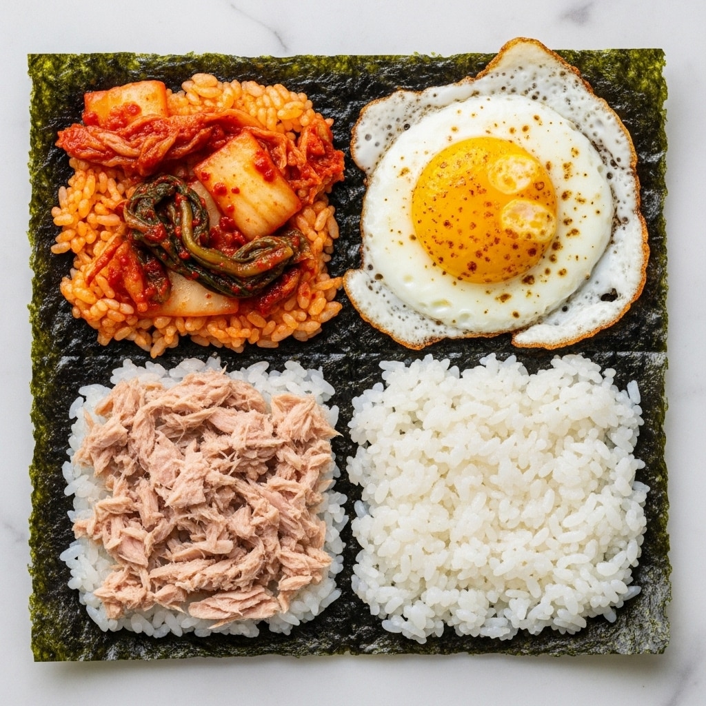 A flat, square sheet of dark green seaweed with four distinct sections, each topped with different ingredients on a white marbled surface; the top left section has bright red-orange spicy kimchi with visible leafy textures, the top right section holds a fried egg with a golden, slightly runny yolk and white edges browned in spots, the bottom left section features shredded light pink tuna, and the bottom right section is covered with fluffy, white cooked rice grains tightly packed. Photo taken with an iphone --ar 4:5 --v 7