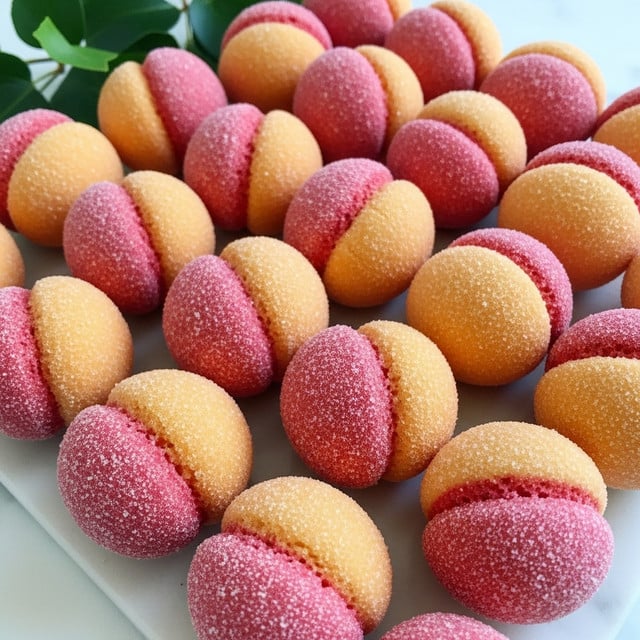 The image shows many round peach-shaped pastries arranged closely in neat rows on a white marbled surface. Each pastry has two layers that meet in the middle, with the top half colored in shades of pink and red, and the bottom half showing a warm orange tone. The outer texture is coated with a sugar-like powder, giving a frosted, slightly grainy look. In the top left corner, green leaves add a touch of natural color contrast to the soft pastel tones of the pastries. The pastries look soft and fluffy with a smooth, velvety surface. photo taken with an iphone --ar 4:5 --v 7