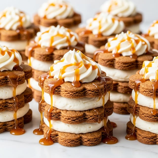The image shows several tall stacks of flower-shaped cookies with four layers each. Between each cookie layer is a thick layer of creamy white frosting with a smooth, piped texture. The cookies are light brown with a slightly crispy appearance, topped with a dollop of whipped cream that has a soft, swirled texture. Golden caramel sauce is drizzled over the entire stack, running down the sides and pooling on the white marbled surface below. The stacks are arranged closely together, creating a rich and indulgent look. Photo taken with an iphone --ar 4:5 --v 7
