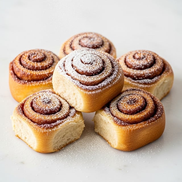 The image shows five cinnamon rolls arranged loosely on a white marbled surface, each roll having multiple visible layers of golden brown dough swirled with a reddish cinnamon filling. The texture of the dough looks soft and slightly flaky, with some parts browned to a light crisp. Powdered sugar is being dusted over the rolls from above, creating a fine white sprinkle that settles on the tops and the surface below. The rolls have a warm, inviting look with slight variations in size and shape, emphasizing their homemade quality. photo taken with an iphone --ar 4:5 --v 7