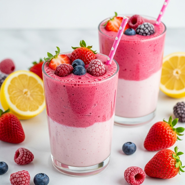 Two tall white glasses are filled with a pink smoothie that has two layers: a lighter pink bottom layer and a thicker, more textured bright pink top layer. The top layer bubbles slightly over the edge with a creamy texture, garnished with a few frozen berries including strawberries, raspberries, and blueberries. One glass has a pink straw with white polka dots standing upright. The glasses sit on a surface with a white marbled texture, scattered with frozen berries, a whole lemon, a halved lemon, and some strawberries around them. photo taken with an iphone --ar 4:5 --v 7