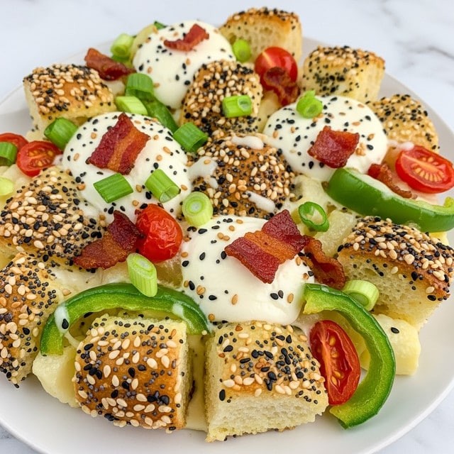 The image shows a close-up of a creamy casserole dish with several distinct layers and textures. At the base, there are golden brown chunks of bread sprinkled with black and white sesame seeds and poppy seeds, providing a crunchy texture. Scattered among the bread pieces are melted white cheese dollops, creating smooth, soft, and creamy patches. There are also pieces of green bell pepper and small bits of cooked bacon with a crispy, reddish-brown color. Bright green chopped scallions and small red tomato pieces are spread throughout, adding fresh pops of color. The creamy sauce covers everything, pulling all the ingredients together with a slightly melted, gooey texture. The dish is on a white plate set against a white marbled surface. photo taken with an iphone --ar 4:5 --v 7