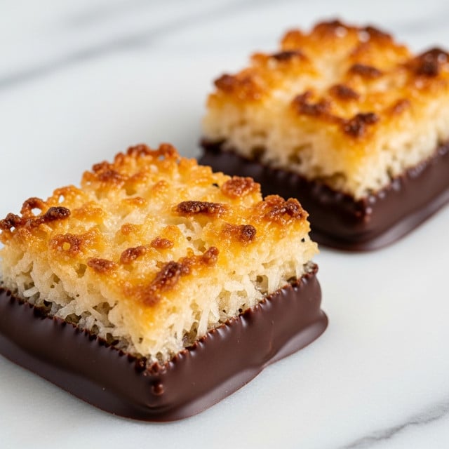 The image shows two square-shaped cookies on a white marbled surface. Each cookie has two main layers: a thick base layer of golden to light brown toasted shredded coconut, which looks crispy and slightly uneven on the top, and a thick, glossy dark chocolate coating at the bottom and sides, covering about one-third of the cookie height. The toasted coconut layer has varying shades of light cream, caramel brown, and some darker, almost burnt spots, giving them a textured, crunchy look. The chocolate coating is smooth but unevenly spread, edge to edge, creating a contrasting dark border around the bright coconut. Photo taken with an iphone --ar 4:5 --v 7