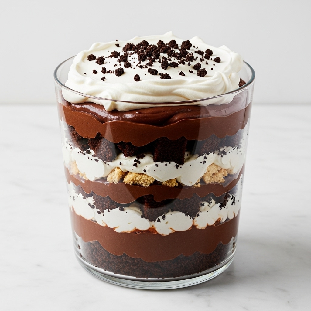 The image shows a tall, clear glass trifle dish filled with multiple layers of dessert. From the bottom up, the first layer is a crumbly dark chocolate cake base, followed by a thick, smooth chocolate pudding layer that is dark brown and glossy. Above this is another layer of dark chocolate cake pieces, then a layer of white whipped cream that looks fluffy and soft, mixed with some small cookie crumbs. Another layer of dark chocolate cake sits on top of the cream, followed by a thick, shiny chocolate pudding layer. The topmost layer is a thick, generous spread of white whipped cream with a light, airy texture, sprinkled with small dark cookie crumbs evenly scattered over the surface. The dish is placed on a white marbled surface, and the photo taken with an iphone --ar 4:5 --v 7