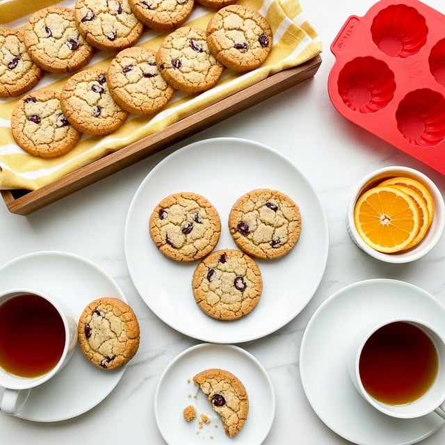 A white plate holds four round, golden cookies with visible dark fruit pieces scattered inside and sugar crystals around the edges, one cookie is broken, revealing a crumbly texture. Next to the plate is a white teacup with dark tea, sitting on a white saucer with a half-eaten cookie also showing its inner texture. On the left, another white teacup with tea stands on a white saucer beside a single cookie. Above, a wooden tray lined with a yellow-striped cloth holds a neat row of similar cookies. To the right, there is a bright red silicone mold on a white marbled surface, alongside a small white bowl containing orange slices. The setup is evenly lit by natural light. photo taken with an iphone --ar 4:5 --v 7