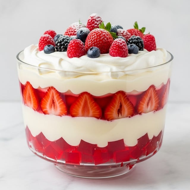 A clear glass bowl displays a layered dessert with four distinct layers, all set on a white marbled surface. The bottom layer consists of bright red jelly squares, creating a firm base. Above that is a creamy, white custard layer that is smooth and thick. Next is a transparent red jelly layer with slices of red fruit, likely strawberries, visible inside. On top is a fluffy, white whipped cream layer garnished with fresh berries including red raspberries, strawberries, and blueberries, some lightly dusted with powdered sugar. The dessert appears rich and colorful with a clear contrast between the red and white layers, presented in a simple and elegant way. Photo taken with an iphone --ar 4:5 --v 7